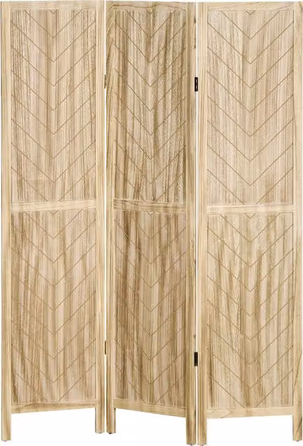 Paravento da interno pieghevole HOMCOM a 3 ante in legno con design geometrico a spina di pesce, marrone e beige, L: 120 cm, P: 1,6 cm, H: 170 cm