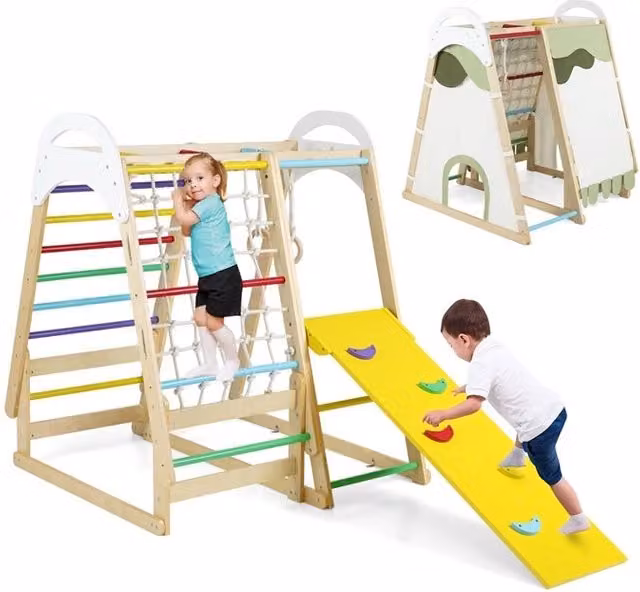 Parco giochi 6-in-1 per bambini in legno con scivolo barre anelli rete scala e tenda, Palestra jungle per arrampicata bambini 1+ anno