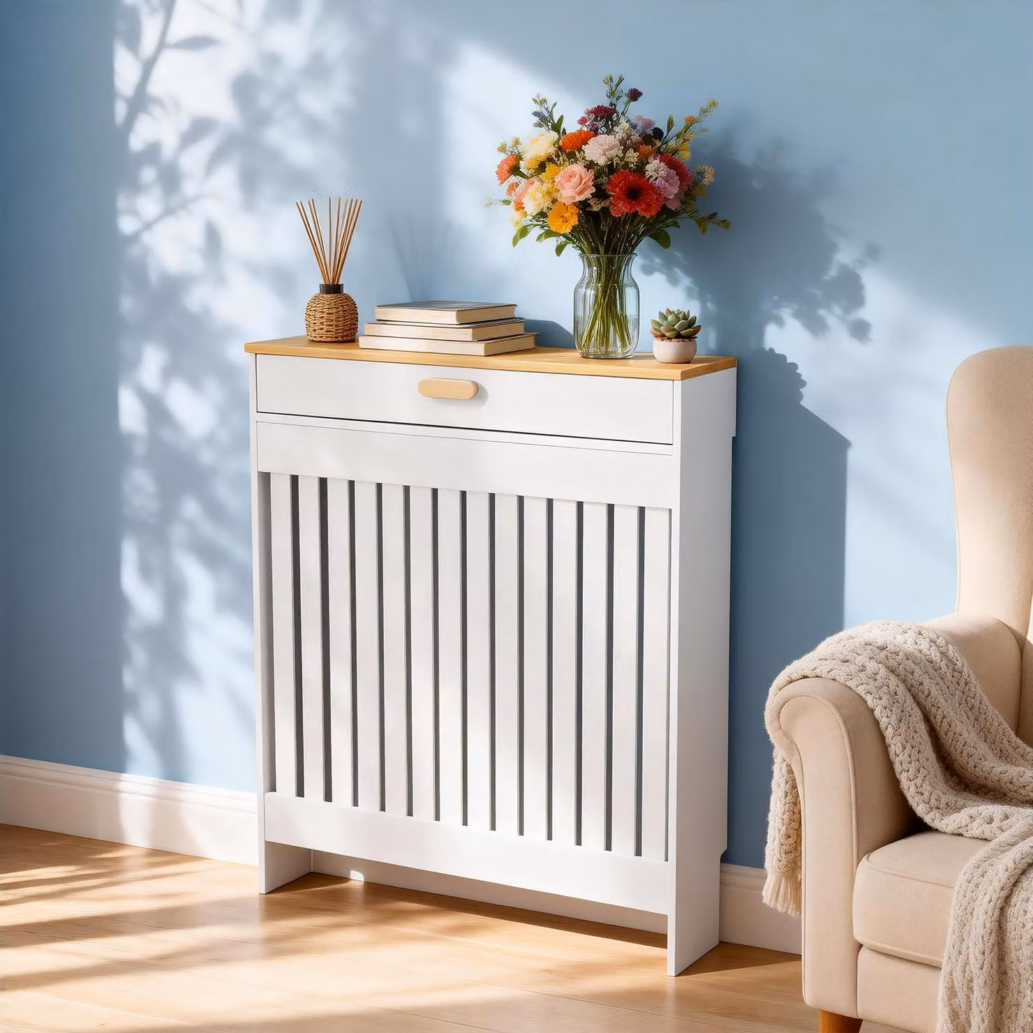 Copertura per termosifoni WISFOR, con cassetto, dimensioni 78,5 x 19 x 95,5 cm, colore bianco con effetto legno