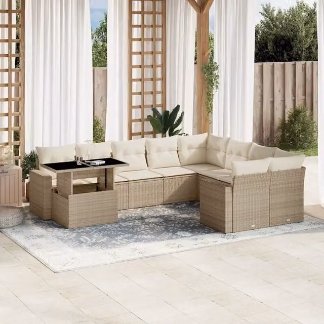 Set Divano da Giardino vidaXL 10 Pezzi con Cuscini Beige e Tavolino in Polyrattan e Metallo – 1