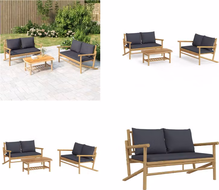 vidaXL Set da salotto da giardino in 3 pezzi con cuscini grigio scuro in bambù - Set da salotto da giardino - Set da salotto - Set da arredo da giardino