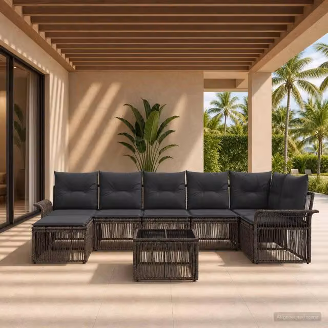 Set Divano da Giardino 8 Pezzi vidaXL Grigio con Poltrona, Elemento Angolare, Ottoman e Tavolino da Caffè in Rattan e Metallo