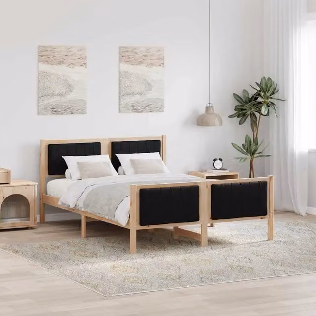 Letto moderno vidaXL in legno di pino con testiera in tessuto marrone e nero L: 140.5 cm, P: 199.5 cm, H: 85.5 cm – 1