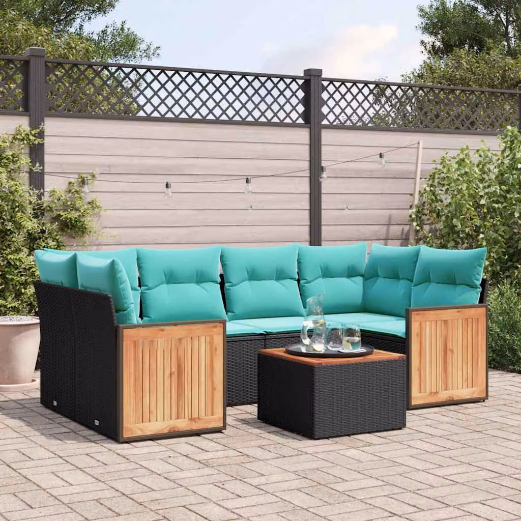 Set di divani da giardino vidaXL in polyrattan nero composto da 7 pezzi con cuscini inclusi e tavolino da caffè