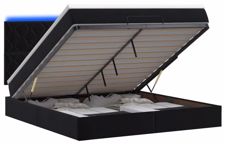 Panca contenitore con materasso e luci LED, colore nero, 140 x 190 cm, rivestita in velluto