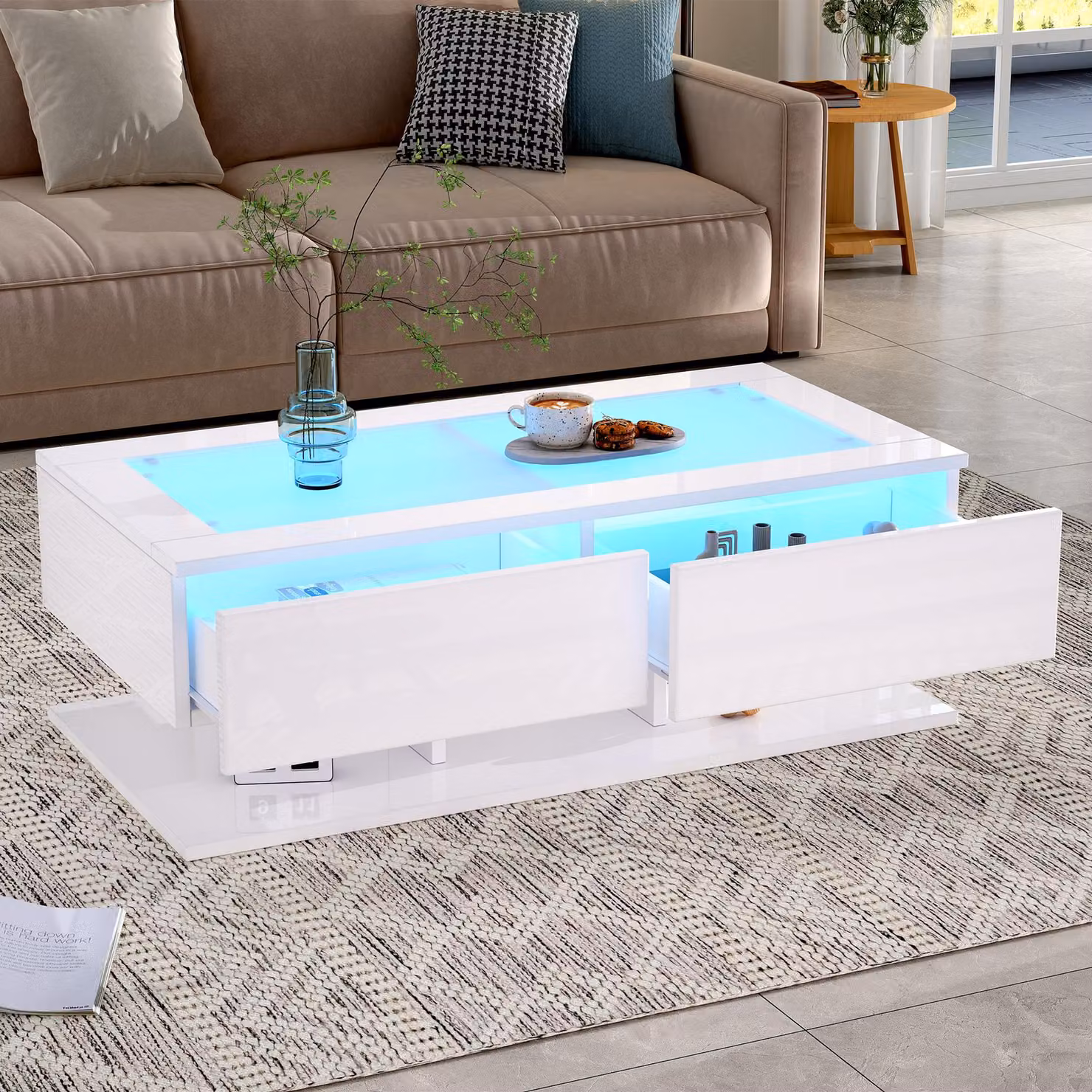 MODFU: Tavolino da conferenza lucido con illuminazione a LED, tavolino da salotto bianco con 2 cassetti, tavolino con piano in vetro