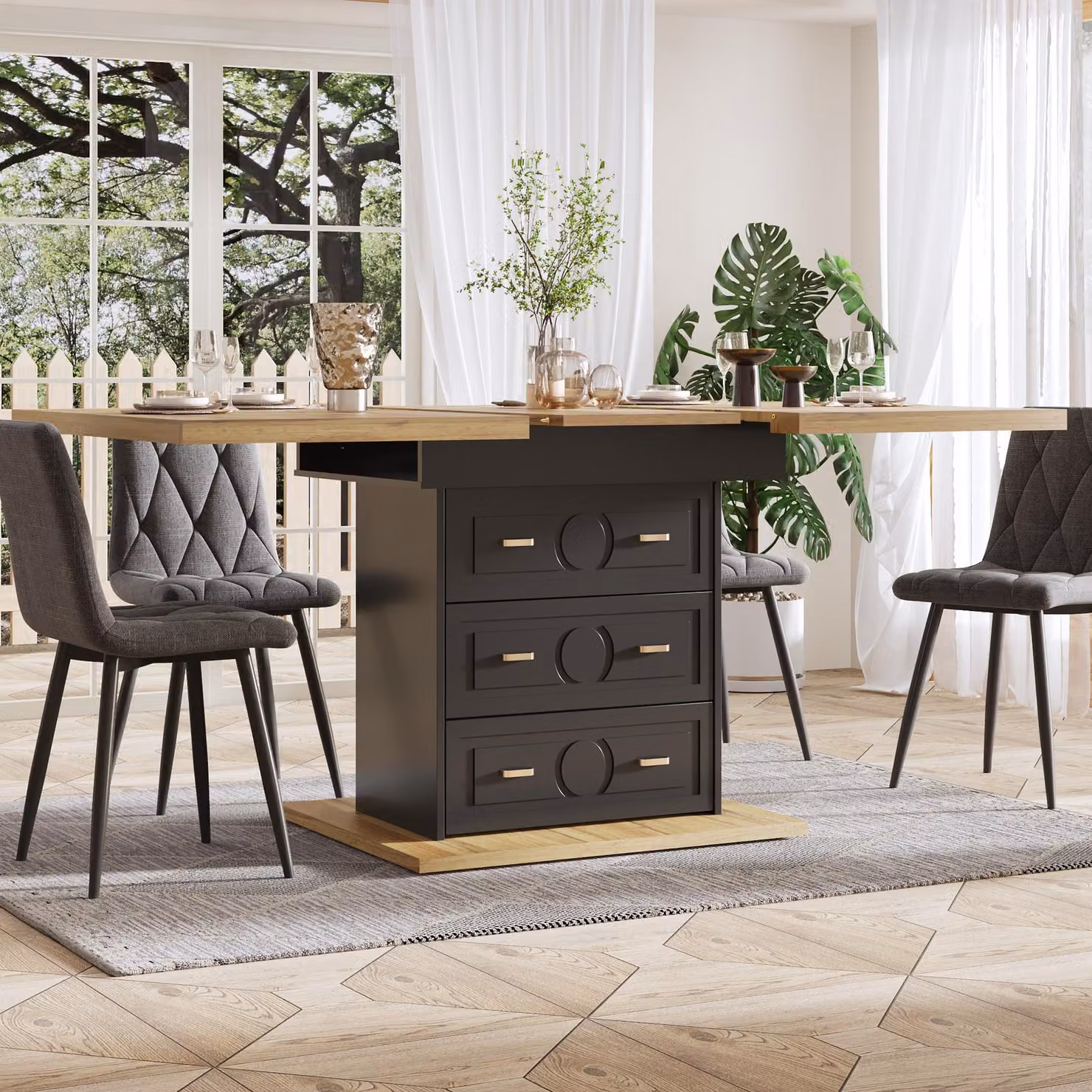 Tavolo da pranzo allungabile Flieks, tavolo per 6 persone con piano allungabile e venature del legno, tavolo in legno 110-140 x 80 x 75 cm, legno naturale + nero