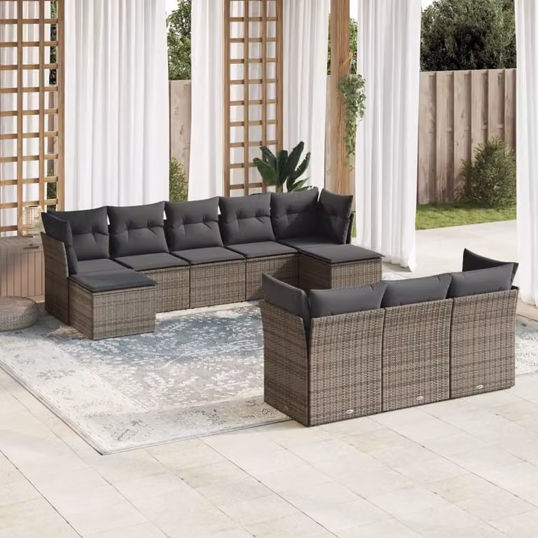 Set Divano da Giardino vidaXL 10 pz in Polyrattan Grigio con Cuscini Imbottiti e Coperture Rimosse