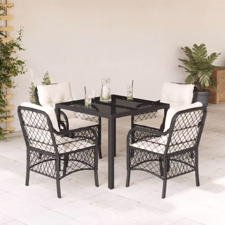 Set da Pranzo da Giardino vidaXL 5 pz in Polyrattan Nero con Cuscini e Tavolo in Vetro