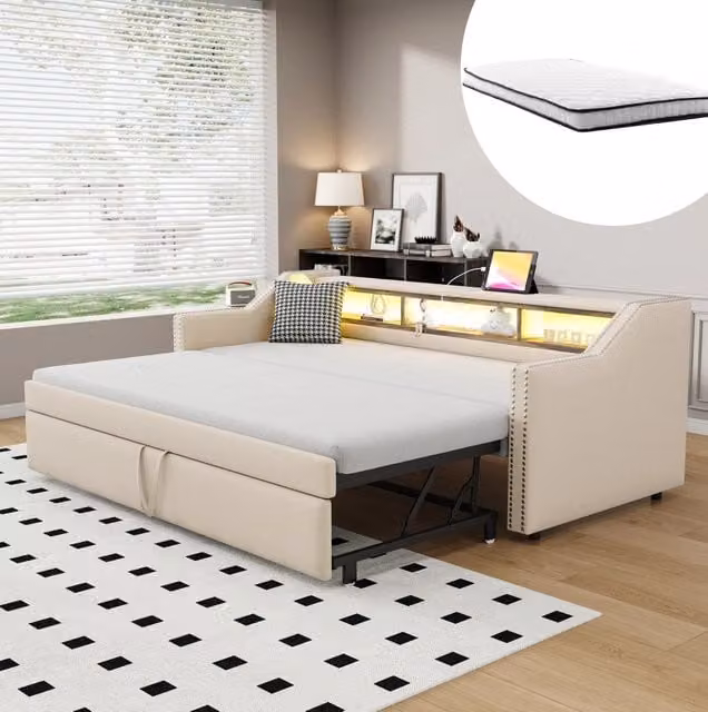 Divano letto imbottito estraibile 90/180 x 190 cm con LED; USB; rete a doghe e 2 materassi beige