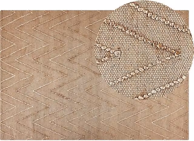 Tappeto in iuta beige con motivo a zigzag beige 140 x 200 cm fatto a mano soggiorno camera da letto stile boho