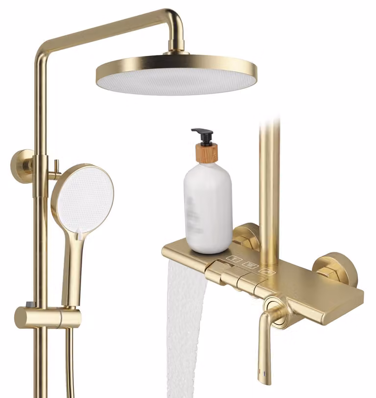 Sistema doccia con comandi a pressione, soffione da 252 mm, doccetta manuale con 4 getti, in ottone