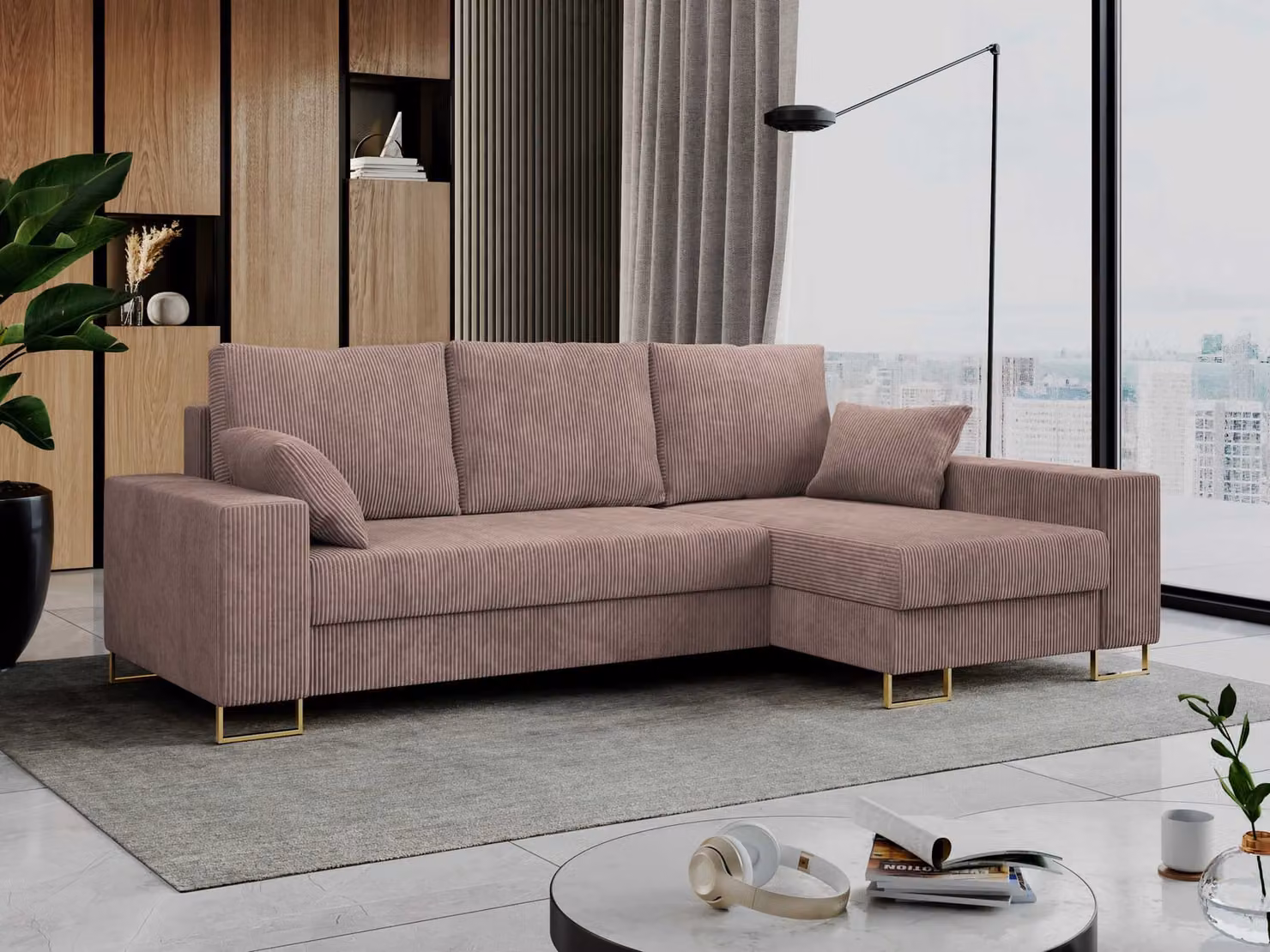 Divano ad angolo, divano letto, divano a L con base letto - DORIAN-L - Rosa
