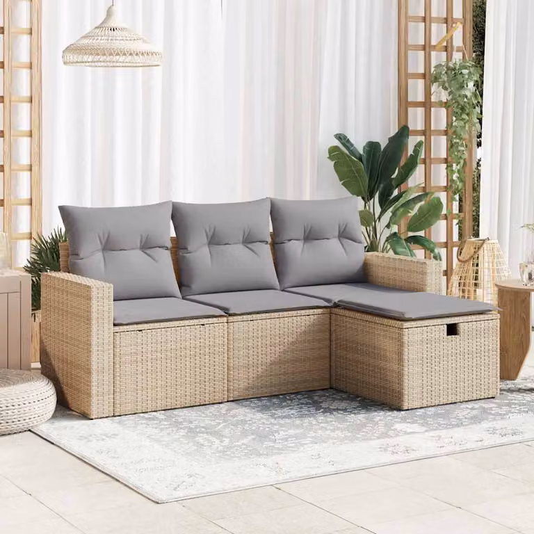 Set Divano da Giardino vidaXL 4 pz in Polyrattan Beige con Cuscini e Struttura in Metallo