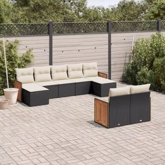 Set Divani da Giardino 9 pz con Cuscini Nero in Polyrattan 3260481