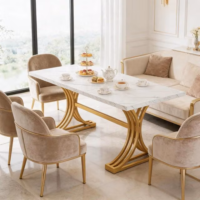 Tavolo da pranzo per 4-6 persone con piano in marmo artificiale e gambe in metallo, bianco e oro, 160 × 80 cm