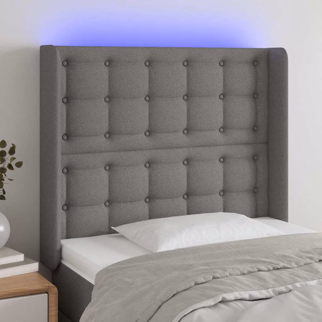 Testiera per letto vidaXL con illuminazione LED e porta USB, rivestimento in tessuto grigio, L: 103 cm, P: 16 cm, H: 118/128 cm