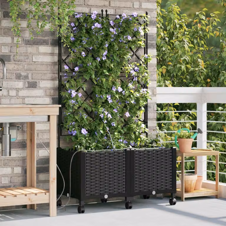 Set di 2 vasi da giardino con irrigazione e ruote vidaXL, colore nero, in plastica