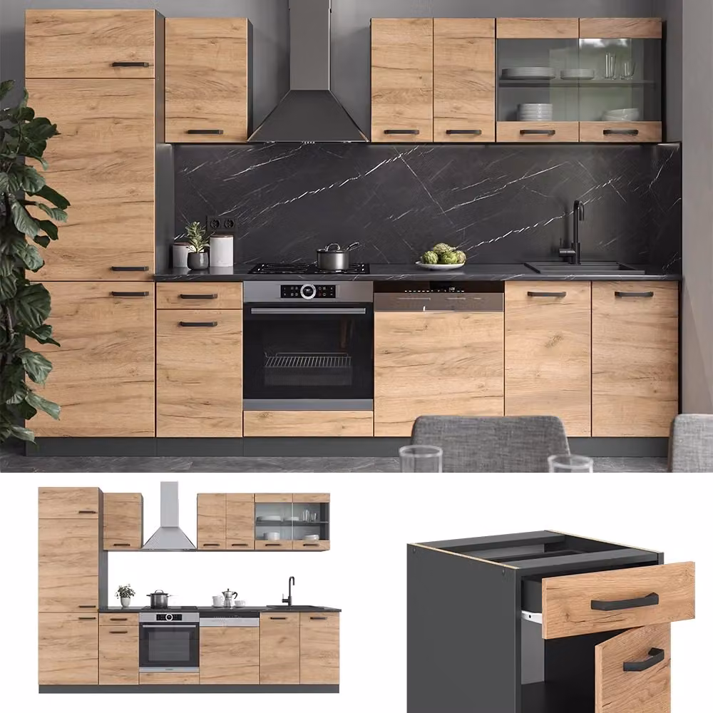 Cucina componibile moderna Vicco R-Line in rovere e antracite, L: 300 cm – 2
