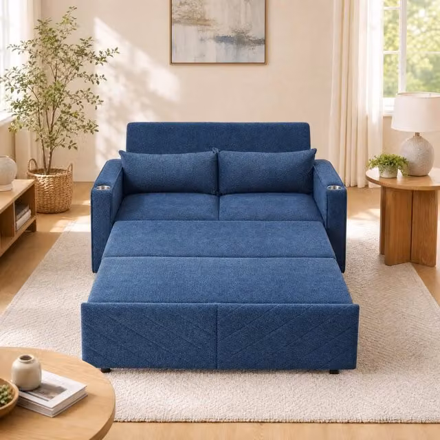 Divano letto trasformabile MIVRAY in tessuto blu con sistema scorrevole e porte USB per soggiorno o ufficio – 1