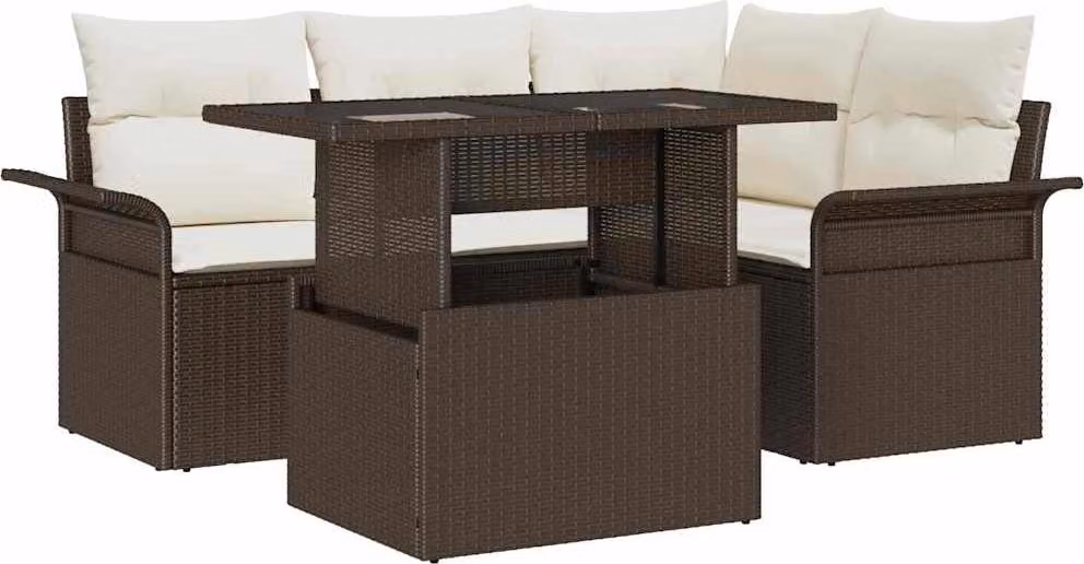 Set Divano da Giardino con cuscino 5 pcs Marrone Poly Rattan