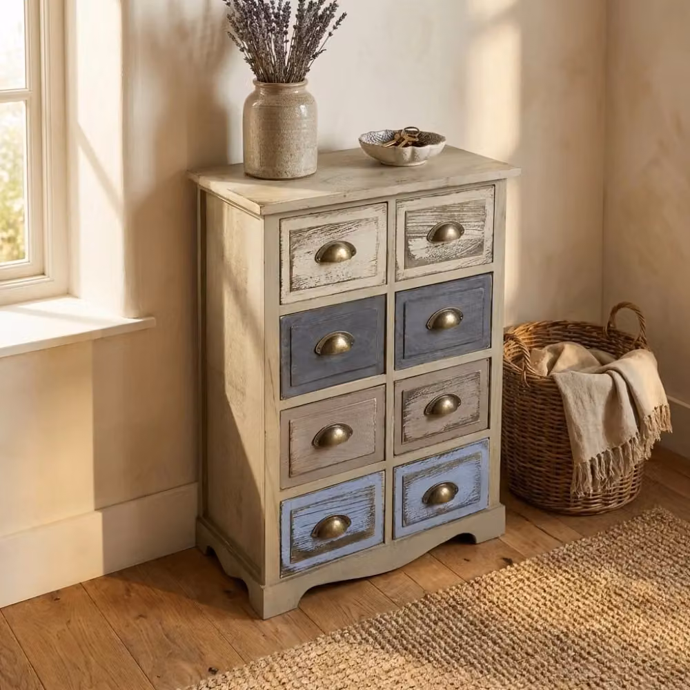 Mobiletto Cosma in legno con 8 cassetti stile shabby chic, turchese e grigio, L: 53 cm, P: 29 cm, H: 73 cm – 2