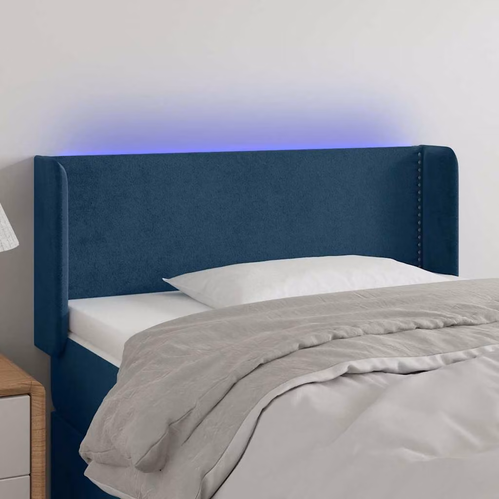 Testiera per letto vidaXL in velluto blu scuro con illuminazione LED e porta di ricarica USB, L 103 cm, P 16 cm, H 78-88 cm