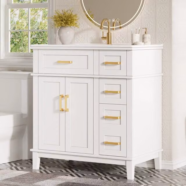 Mobile sottolavabo con lavabo in ceramica 76x46.5x86 cm con cassetti e ante a chiusura ammortizzata in MDF e metallo di colore bianco