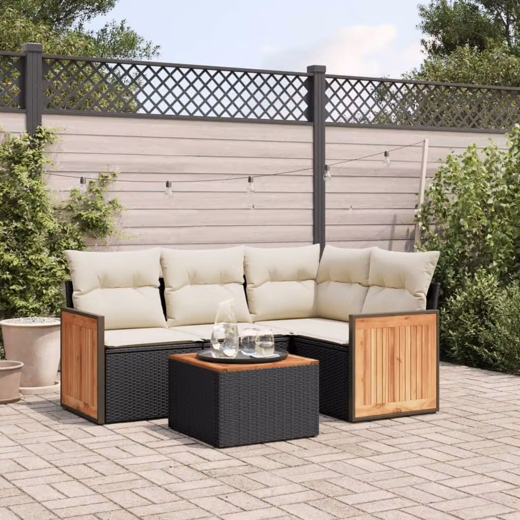 Set di Divani da Giardino vidaXL 5 Pezzi in Polyrattan Nero con Cuscini e Tavolino da Esterno a Forma di L – 1