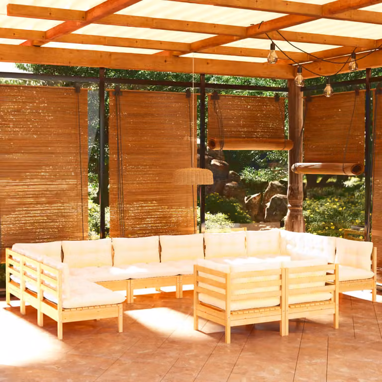 The Living Store Set da giardino da 12 pezzi con cuscini crema in legno di pino massiccio