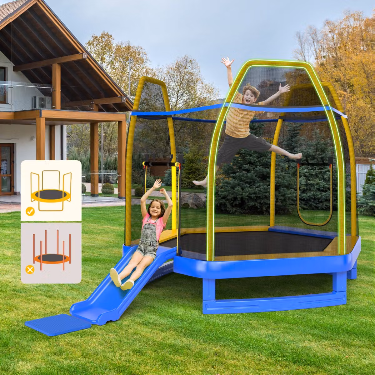 Costway Trampolino elastico per bambini con scivolo e rete di sicurezza, struttura in metallo, Blu, Diametro: 223 cm