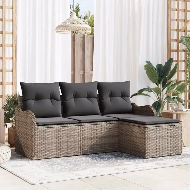 Set Divano da Giardino a L vidaXL 4 Pezzi Grigio in Polyrattan con Cuscini e Struttura in Metallo