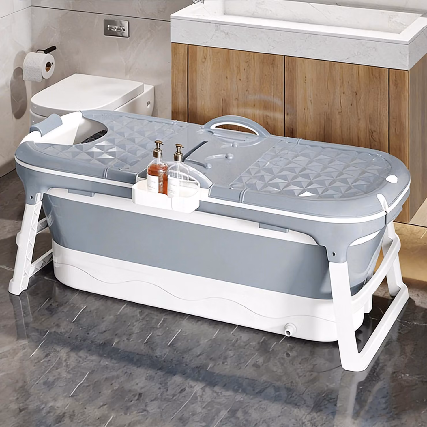 Vasca da bagno pieghevole - Per adulti - 118x60x53 cm - Portatile - Ingombro ridotto, ideale per bagni di piccole dimensioni - Grigio