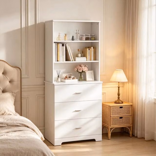 Libreria con 3 cassetti e 3 ripiani aperti per soggiorno e ufficio in pannello truciolare bianco 79 × 39,5 × 182,2 cm