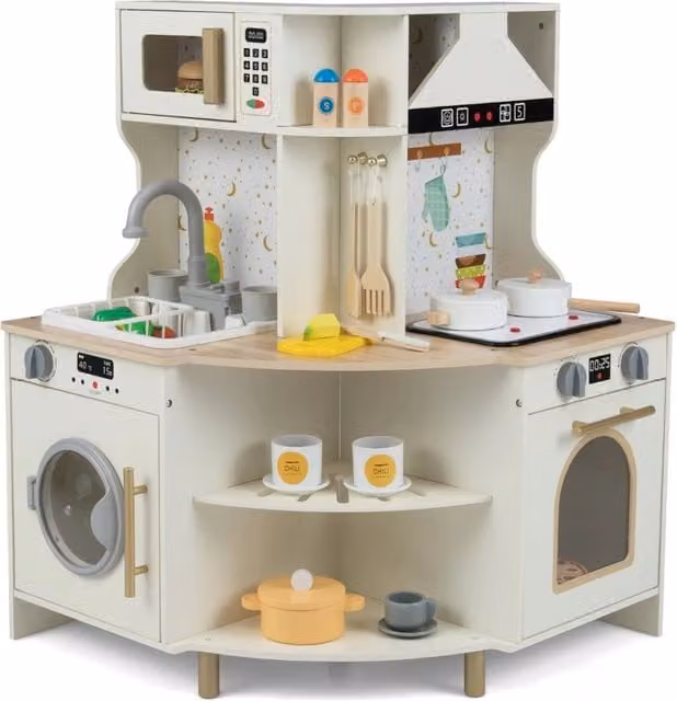 Cucina giocattolo angolare in legno con rubinetto, lavandino, microonde e lavastoviglie, colore beige, L/P/H: 80 x 62 x 62 cm