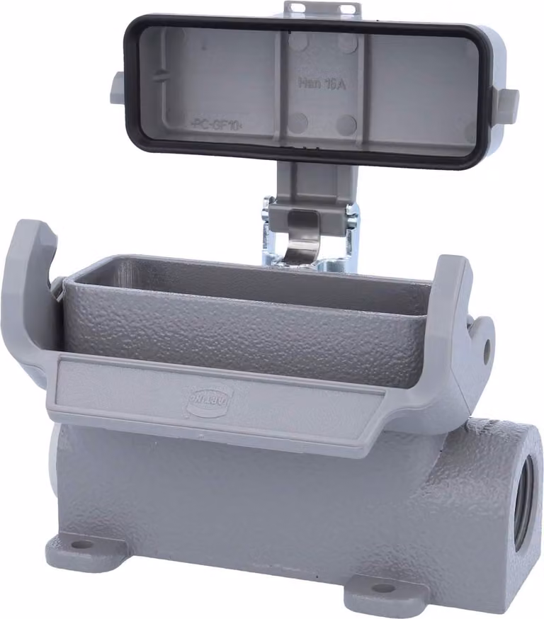 HARTING Han 16A Alloggiamento base alto, 1xM20 uscita cavo laterale, con 1 staffa longitudinale con cappuccio protettivo in plastica - 1 pezzo