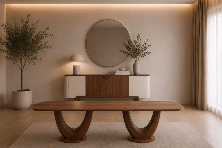 Set da pranzo completo di tavolo da pranzo e credenza