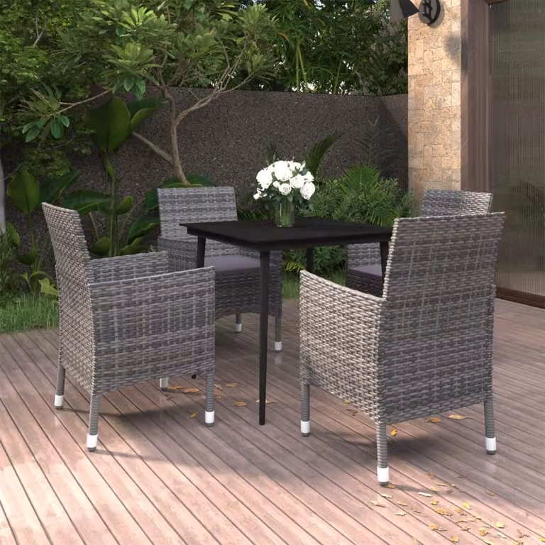 The Living Store Set da pranzo da giardino da 5 pezzi con cuscini in poly rattan e vetro