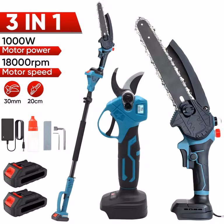 Troncatrice a batteria con asta telescopica - Motosega elettrica con asta telescopica - Motore brushless - 1000 W - Lame da 20 cm - Capacità di taglio di 30 mm - Asta di prolunga da 2 metri - 2 batterie