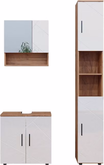 Set di mobili da bagno Irma Bianco lucido/Rovere dorato 3 pezzi Vicco