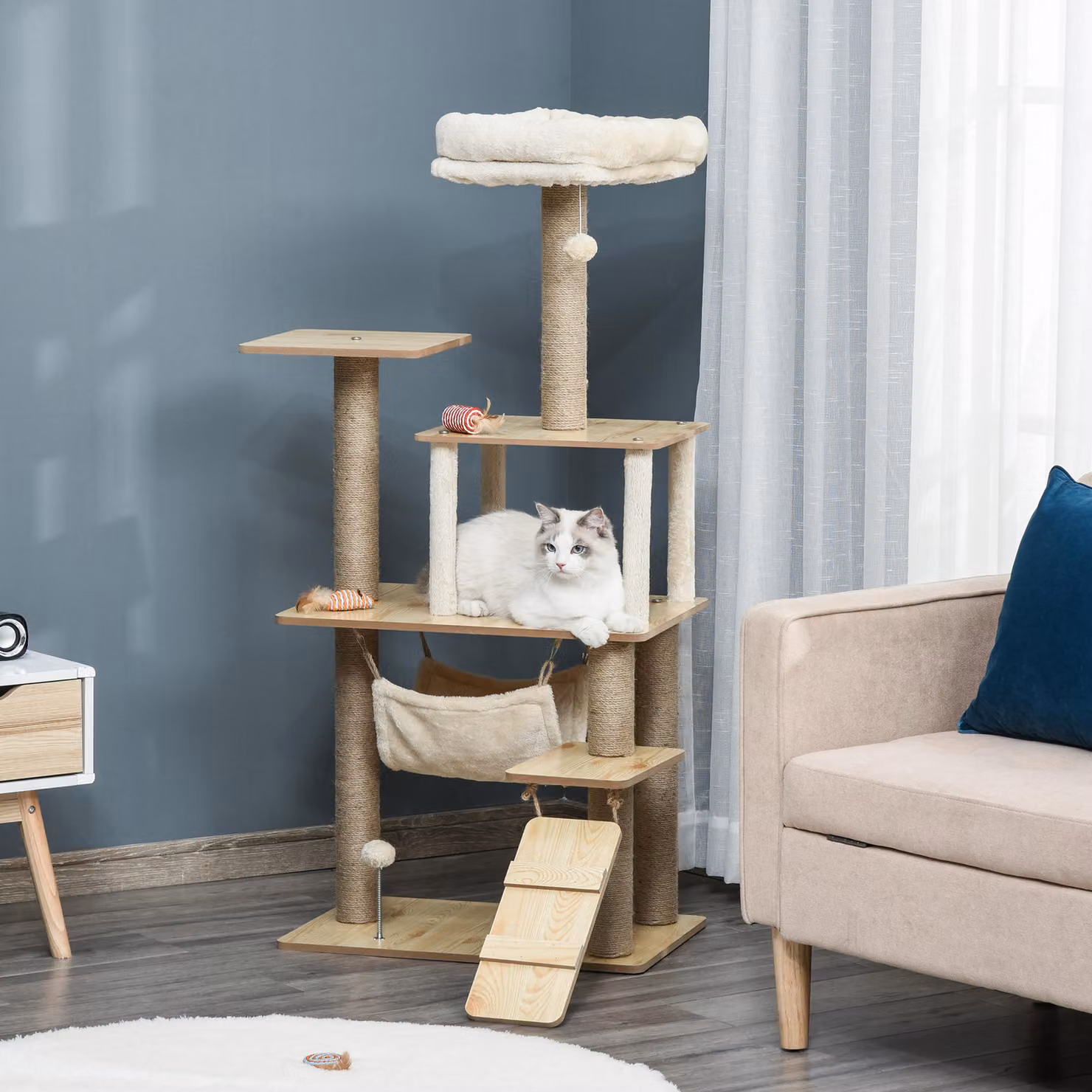 Albero tiragraffi per gatti PawHut multilivello con casetta, amaca e corde in juta, rivestimento in peluche, L/P/H: 60 x 40 x 130 cm, giallo e beige – 2