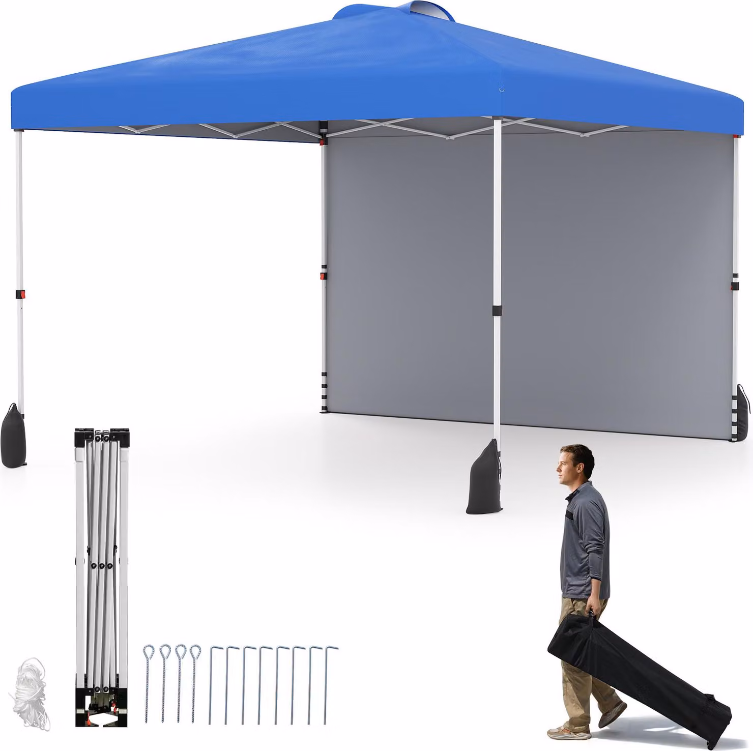 Gazebo pop-up COSTWAY 3x3m, gazebo da giardino portatile con parete laterale, paralume, borsa, 8 picchetti, 4 ancore, 4 corde per il vento e 4 sacchi di sabbia Blu