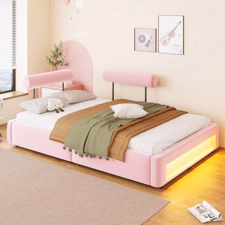 Letto imbottito 140 x 200 cm con 2 schienali regolabili, 4 posizioni, illuminazione LED nella parte inferiore e rivestito in velluto, con design a piattaforma