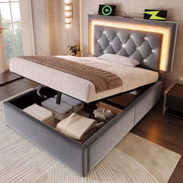 Letto singolo imbottito 90 × 200 cm con contenitore LED USB e USB C in velluto grigio rete a doghe
