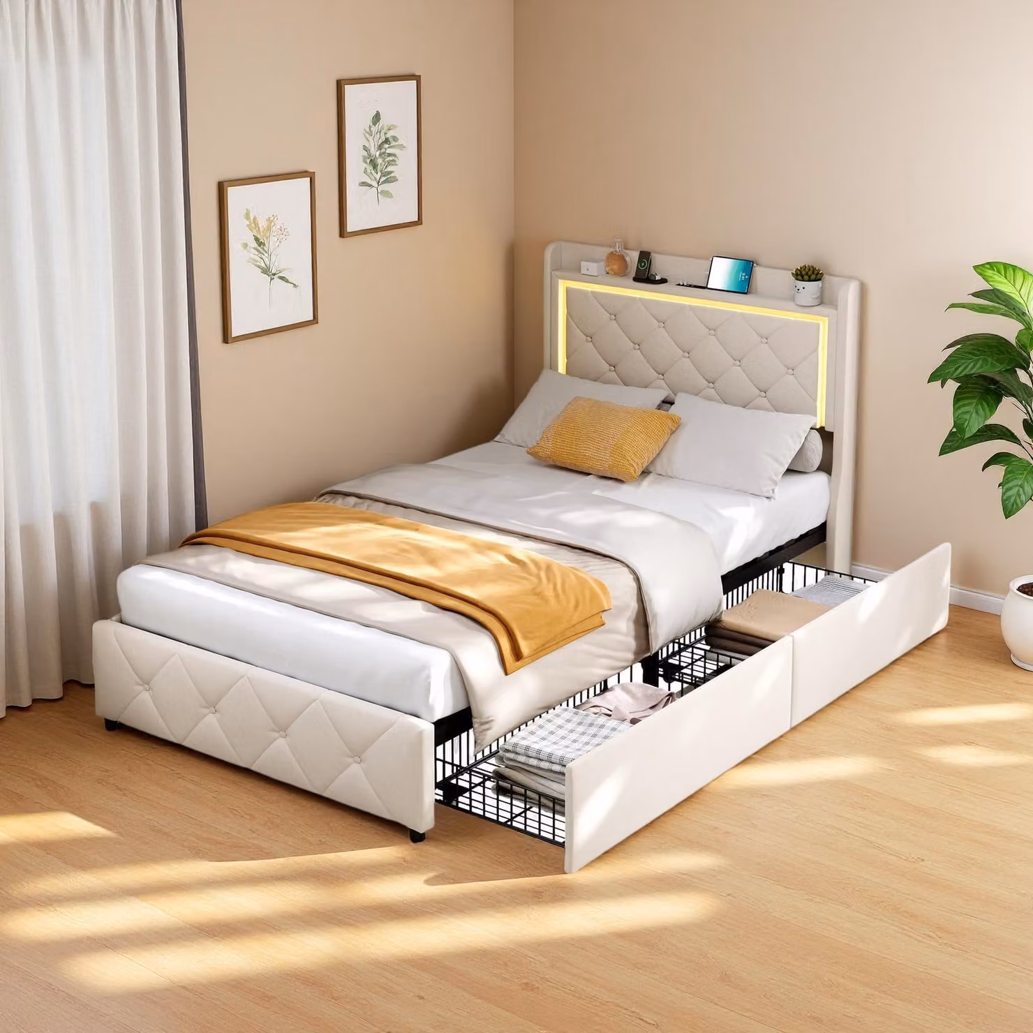 Letto imbottito Fortuna Lai 90x200 cm, letto per bambini letto per ragazzi letto singolo letto per ospiti con 2 cassetti, LED, USB e rete a doghe, letto contenitore con testata e rete, velluto, beige