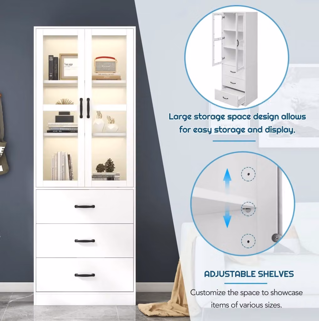 Vetrina moderna bianca con ante in vetro, illuminazione LED integrata e ripiani interni, Altezza: 200 cm, Larghezza: 60 cm, Profondità: 50,45 cm – 2