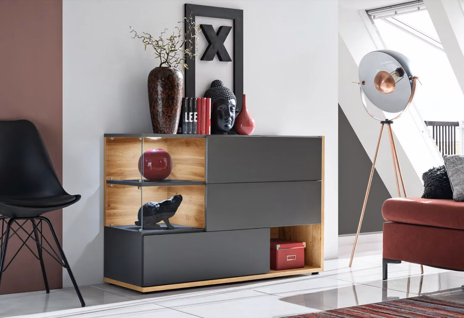 Cassettiera stretta BOHI - antracite / rovere wotan