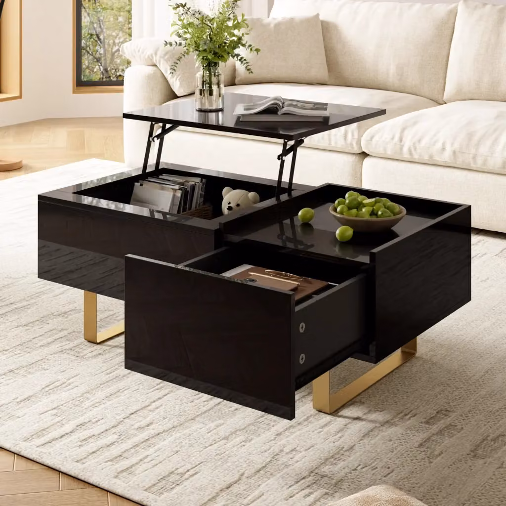 Tavolino basso sollevabile OKWISH con cassetto e vano nascosto, finitura lucida nera e oro, design moderno per soggiorno in MDF e metallo – 2