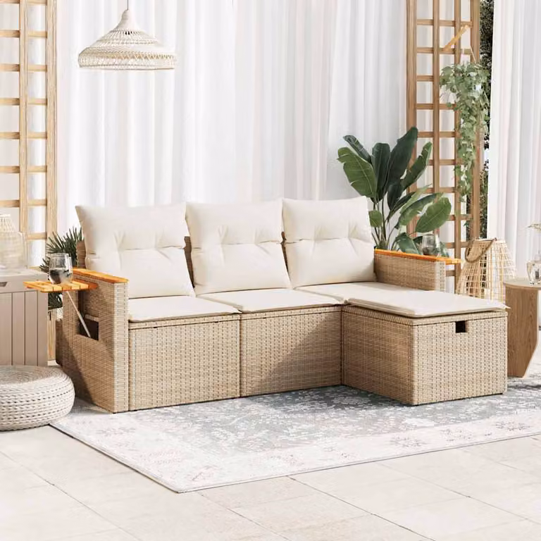 Set Divano da Giardino vidaXL a L in Polyrattan Beige con Cuscini e Ottoman per Terrazza e Giardino