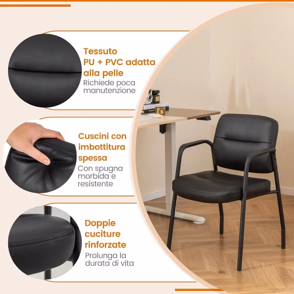 Set di 2 Sedie da Sala d'Attesa Costway Imbottite in Ecopelle con Braccioli e Gambe in Metallo, Colore Nero, L 58 x P 56 x H 81 cm – 2